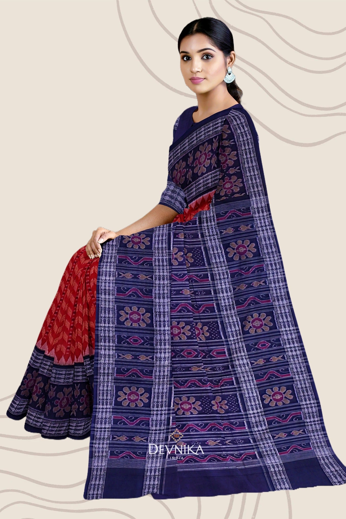 Deep Red Blue Khajuri Pati Bandha Handloom Cotton Saree | Odisha Handloom | Devnika