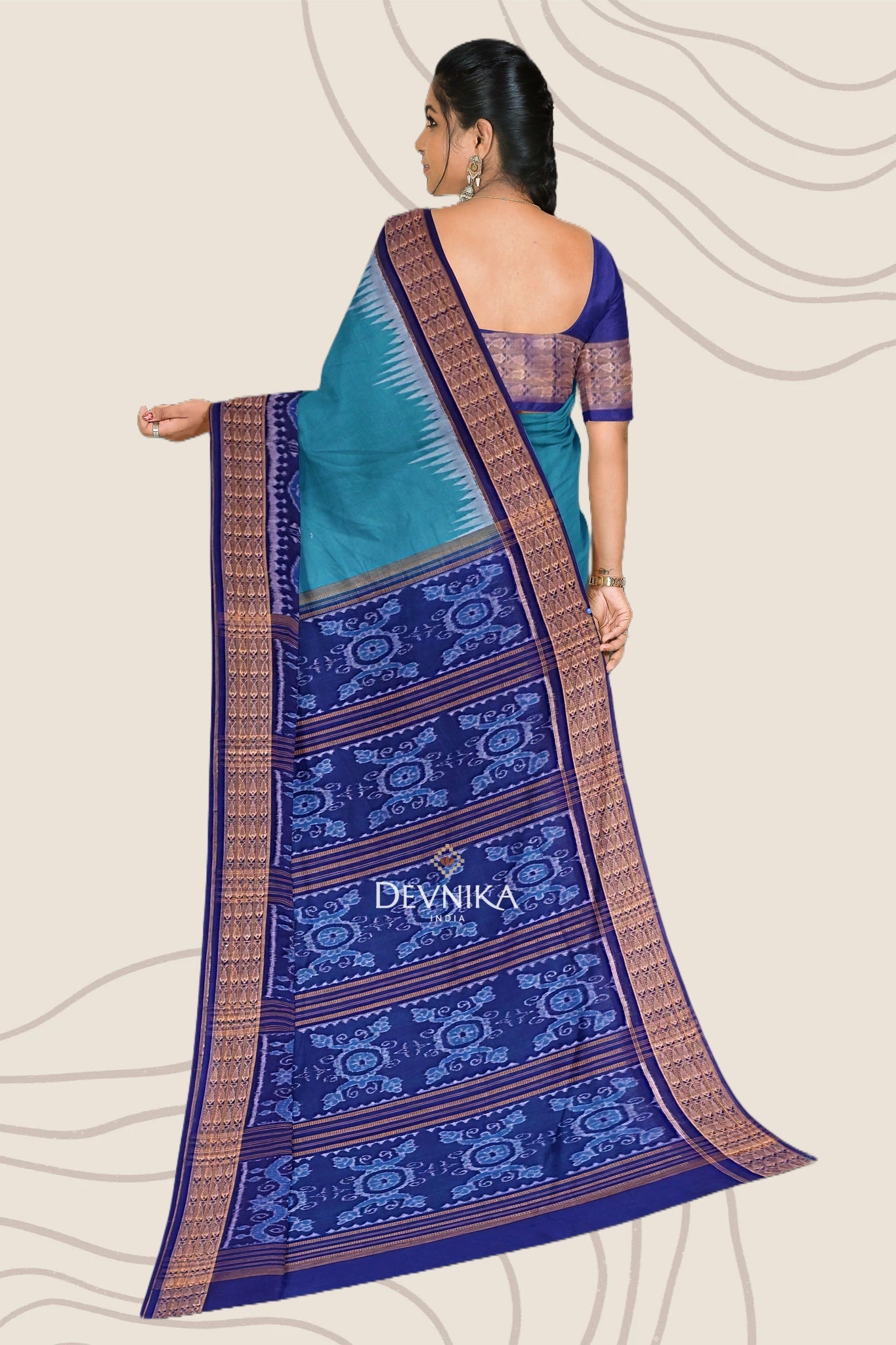 Sea Green Big Border Bandha Handloom Cotton Saree | Odisha Handloom | Devnika