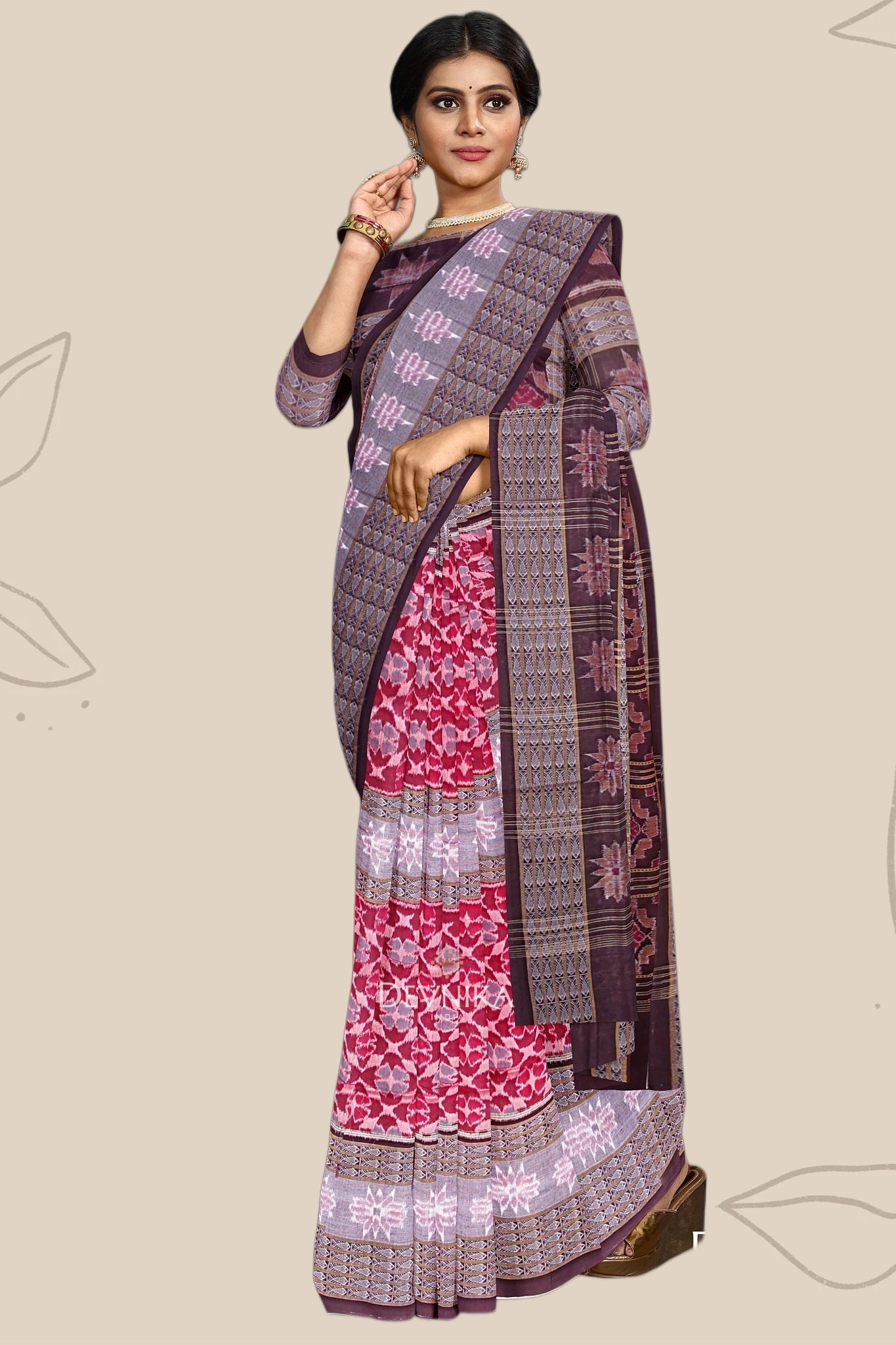 Red, Green And Maroon Double Border Bandha Handloom Cotton Saree | Odisha Handloom | Devnika