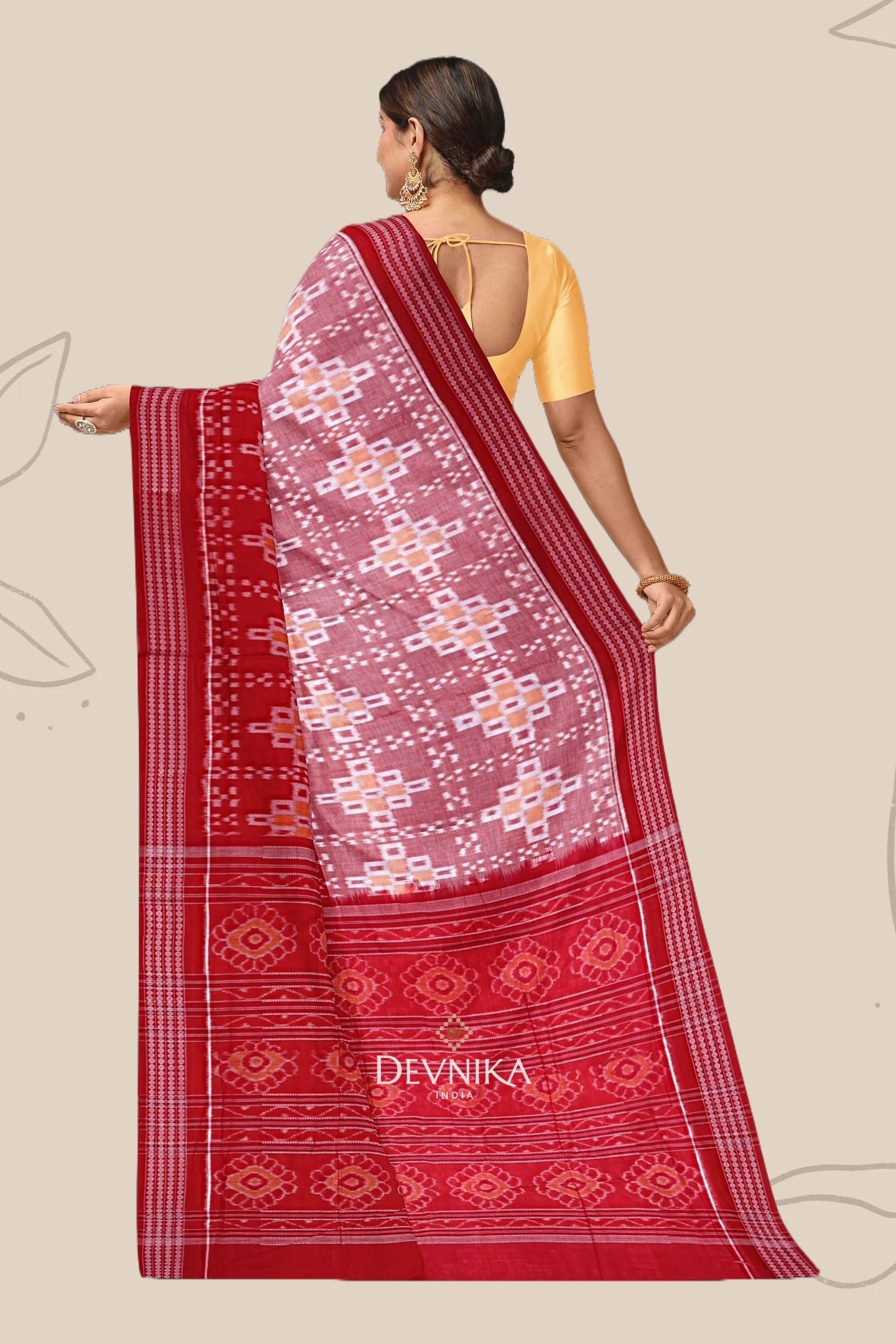 Red And Yellow Paper Bandha Handloom Cotton Saree | Odisha Handloom | Devnika