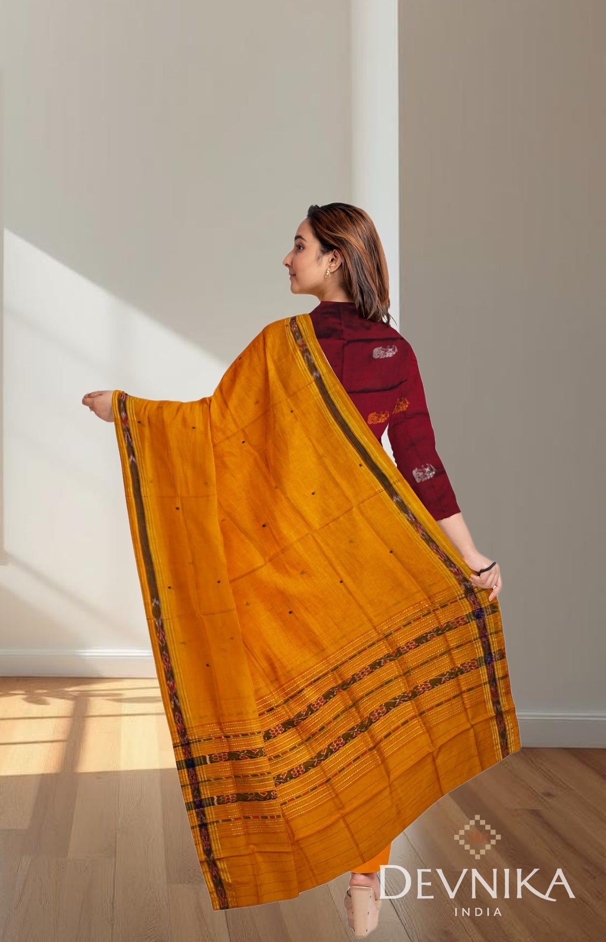 Deep Maroon With Yellow Color Pant & Chunri Bomkai Dress Set