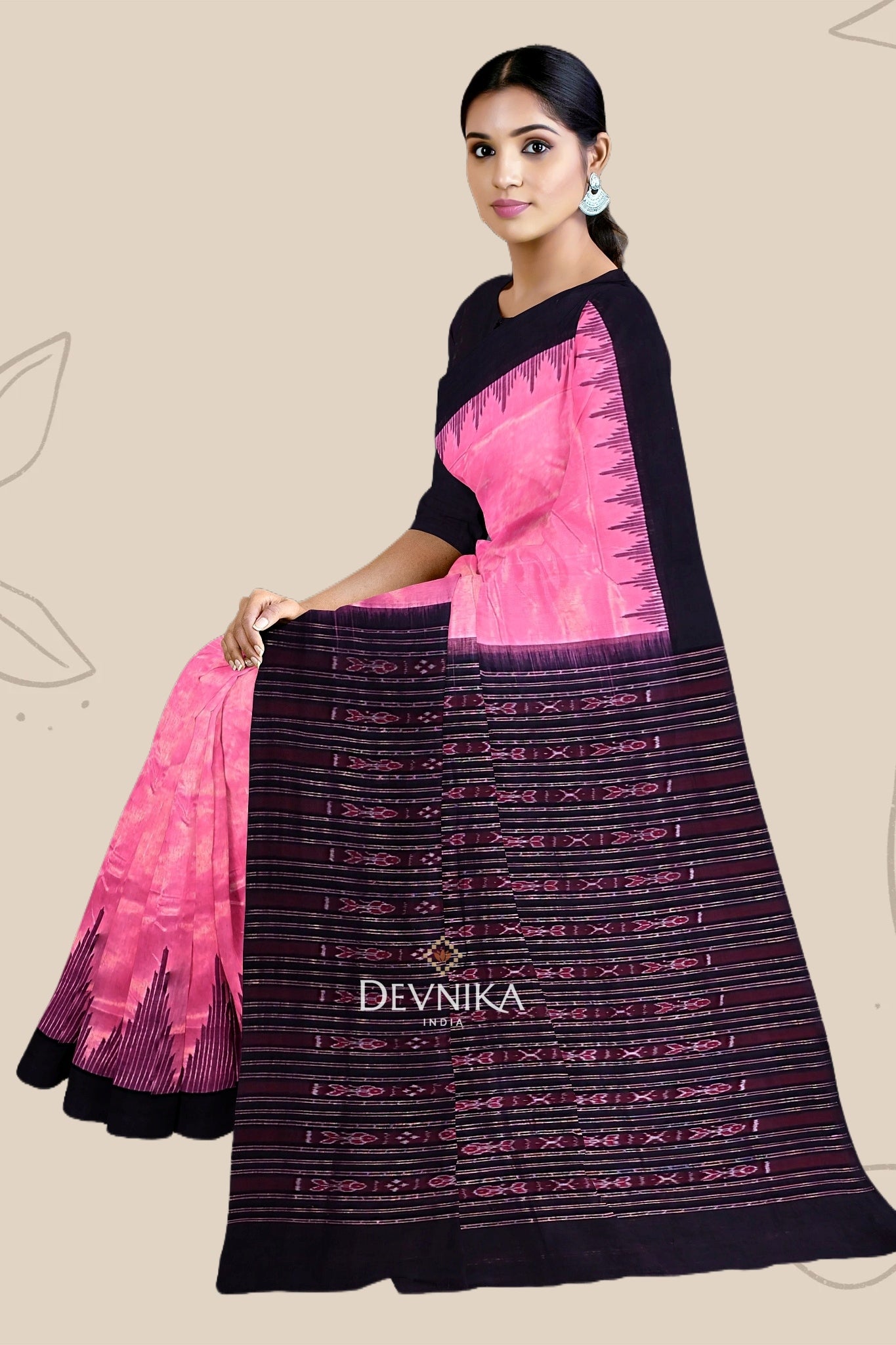 Pink Black Temple Border Odisha UP School Saree