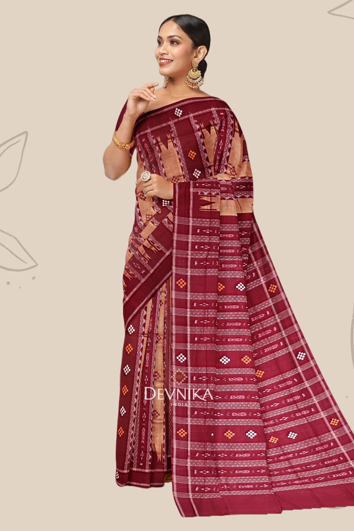Maroon And Golden Pata Bapta Saree
