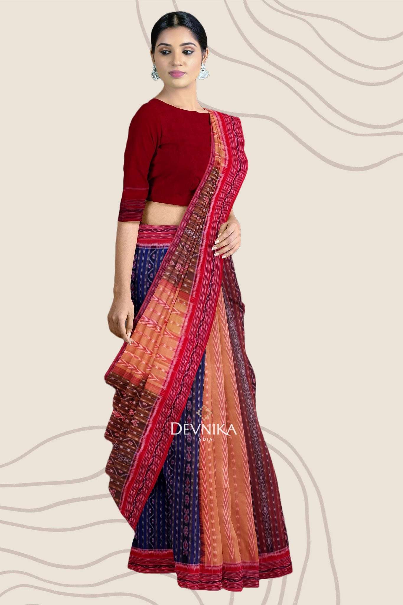 Brown Pancha Mukhi Bandha Handloom Cotton Saree | Odisha Handloom | Devnika