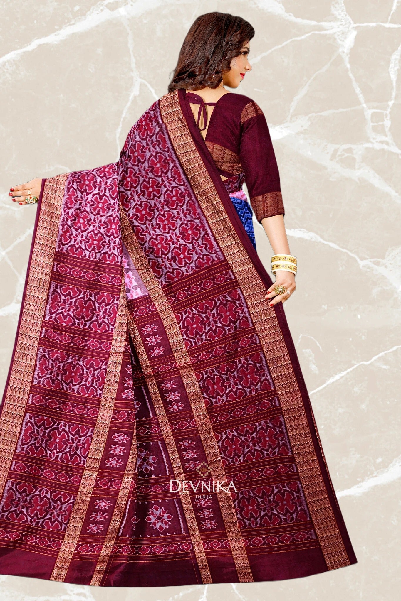 Blue Double Border Bandha Handloom Cotton Saree | Odisha Handloom | Devnika