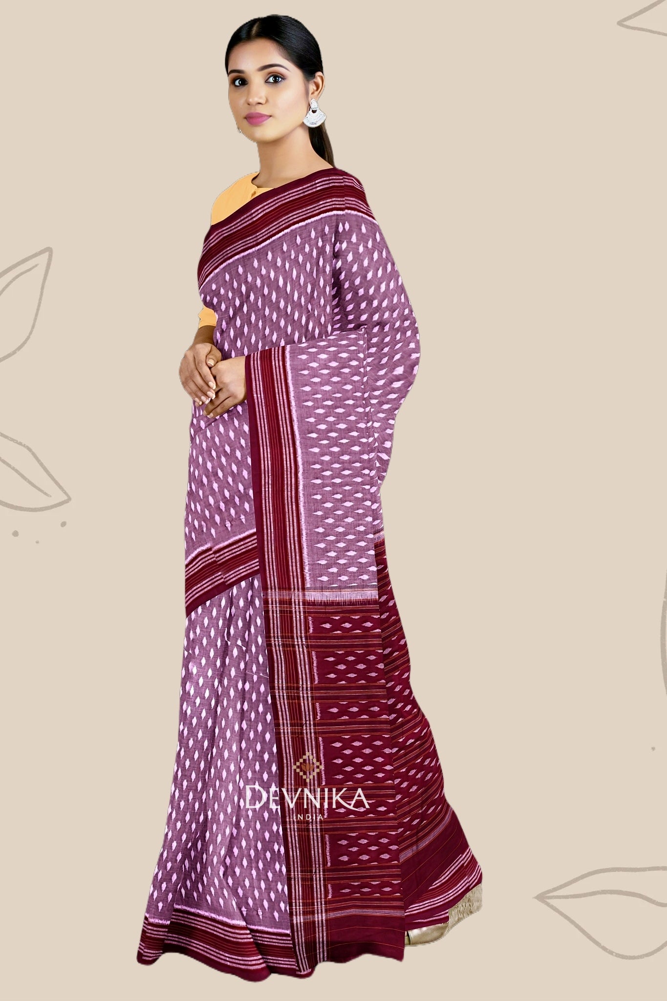Steel Maroon Body Bandha Handloom Cotton Saree | Odisha Handloom | Devnika