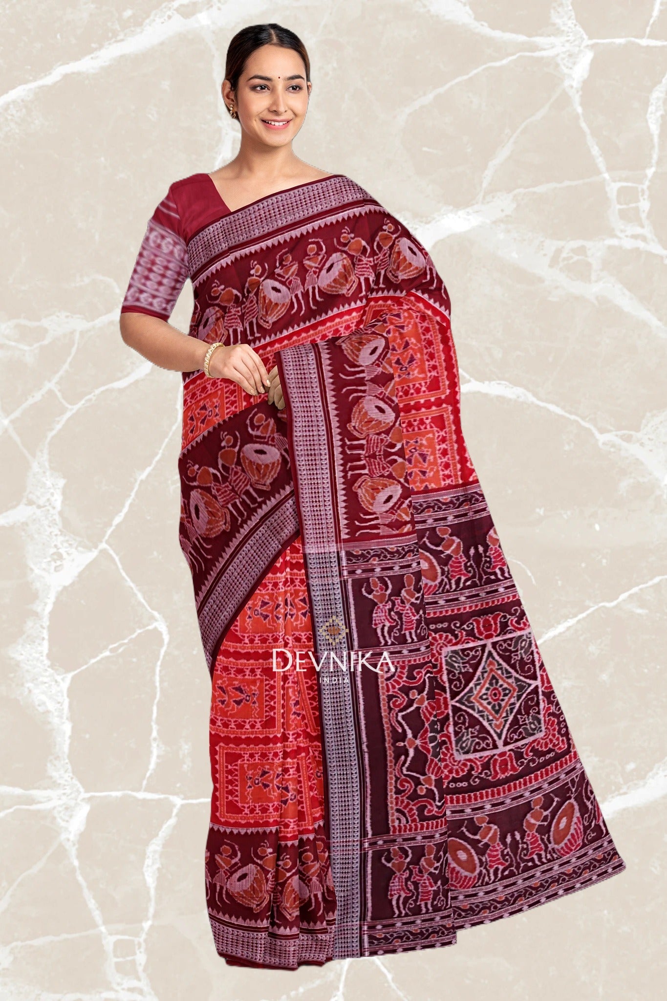 Dark Red Teracota Bandha Handloom Cotton Saree | Odisha Handloom | Devnika