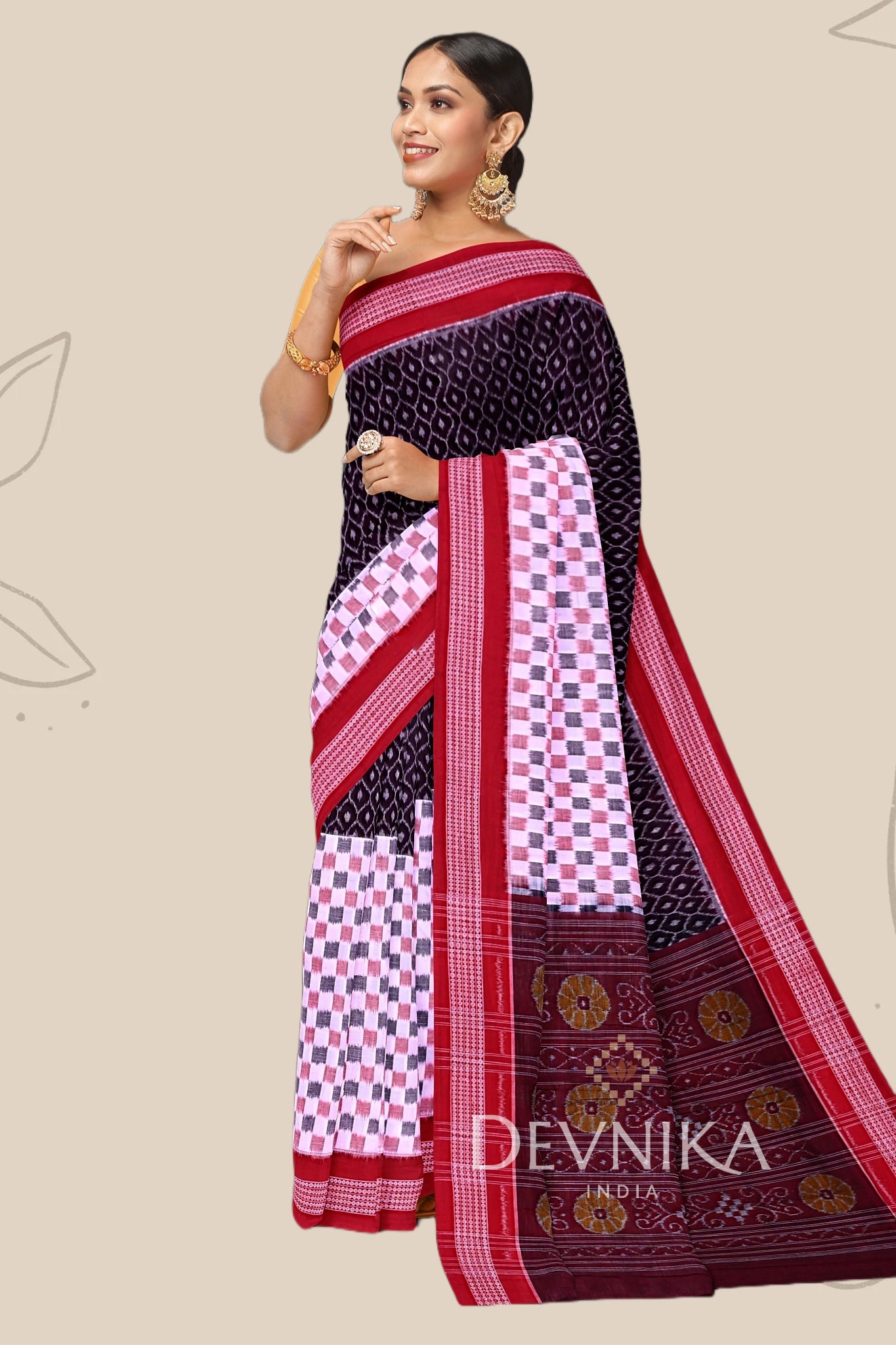 Dark Coffee Half Half Bandha Handloom Cotton Saree | Odisha Handloom | Devnika