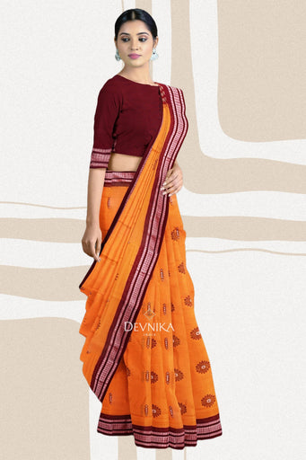 Golden Yellow Bomkai Handloom Cotton Saree | Odisha Handloom | Devnika