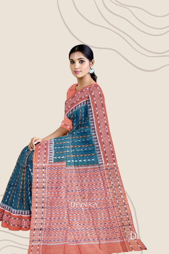Teal Green Khajuri Pati Bandha Handloom Cotton Saree | Odisha Handloom | Devnika
