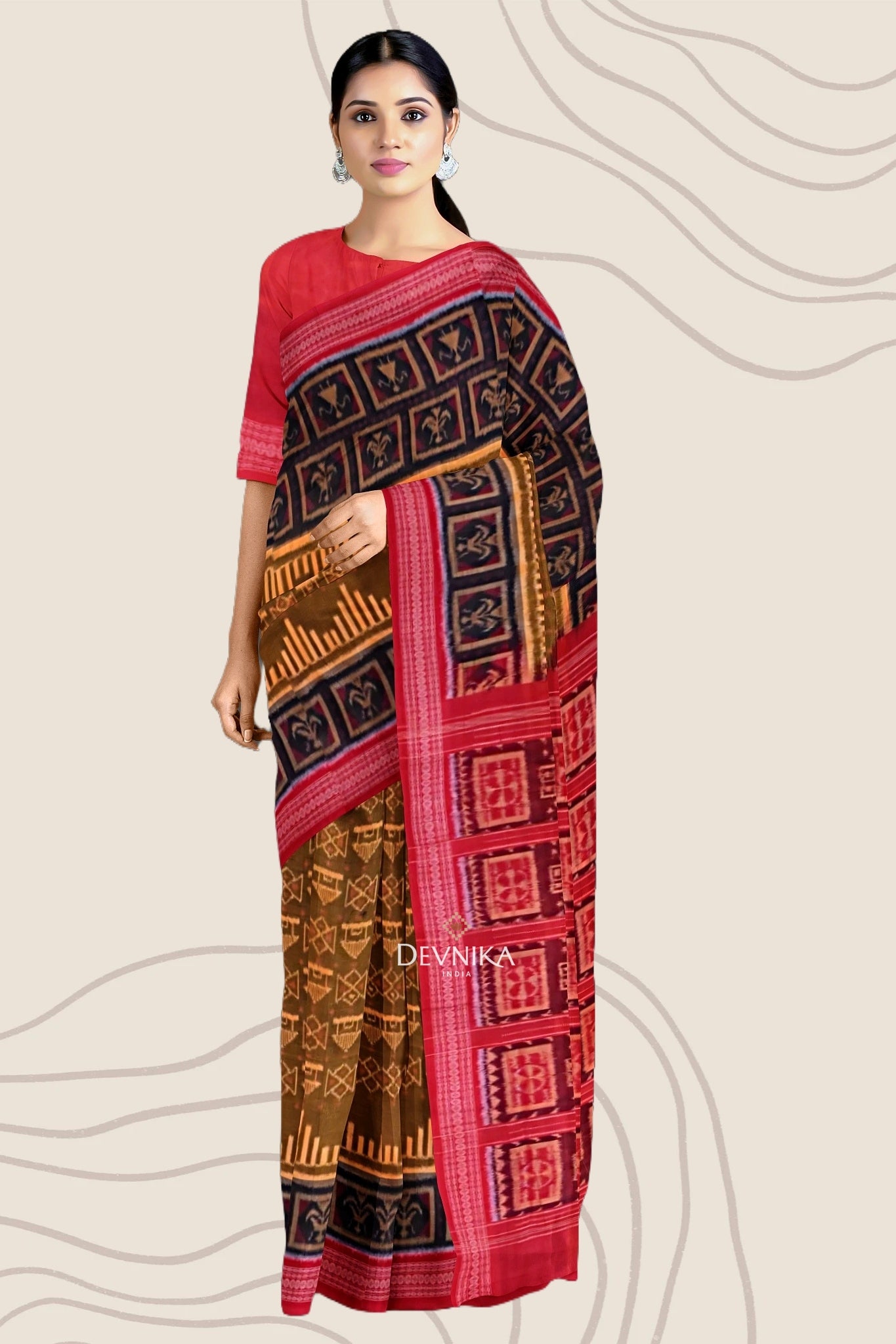 Golden Brown Big Border Bandha Handloom Cotton Saree | Odisha Handloom | Devnika