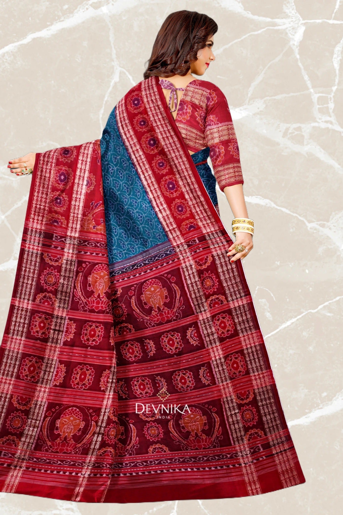 Dark Cyan Namaskar Bandha Handloom Cotton Saree | Odisha Handloom | Devnika