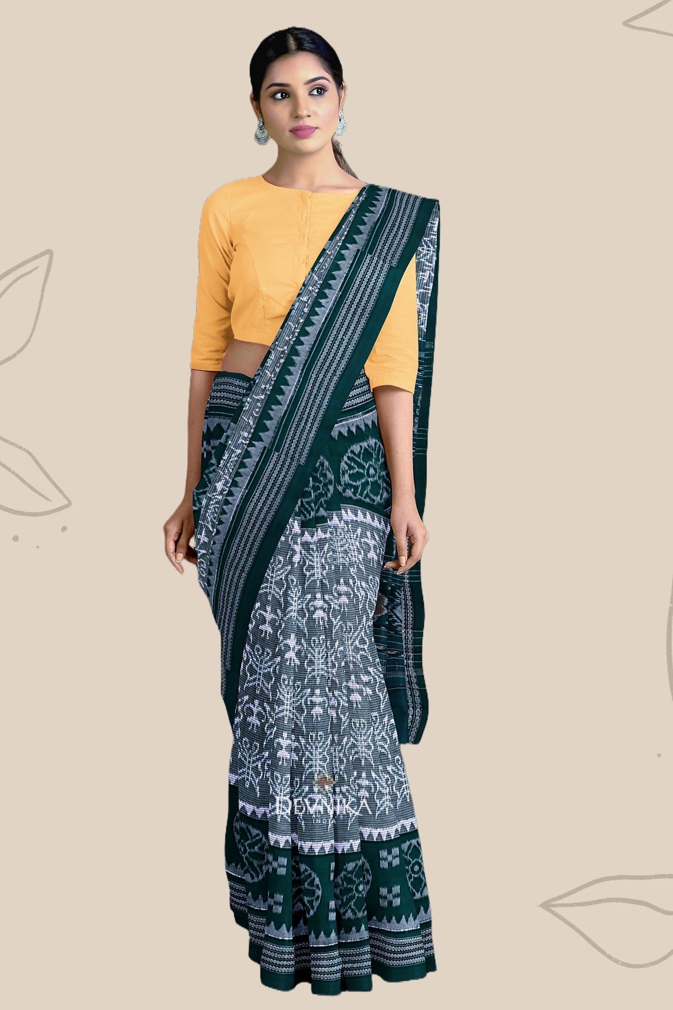 Light Sea Green Body Bandha Handloom Cotton Saree | Odisha Handloom | Devnika