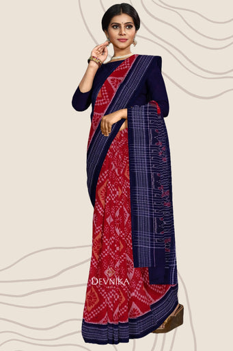 Red And Brown Paper Bandha Handloom Cotton Saree | Odisha Handloom | Devnika