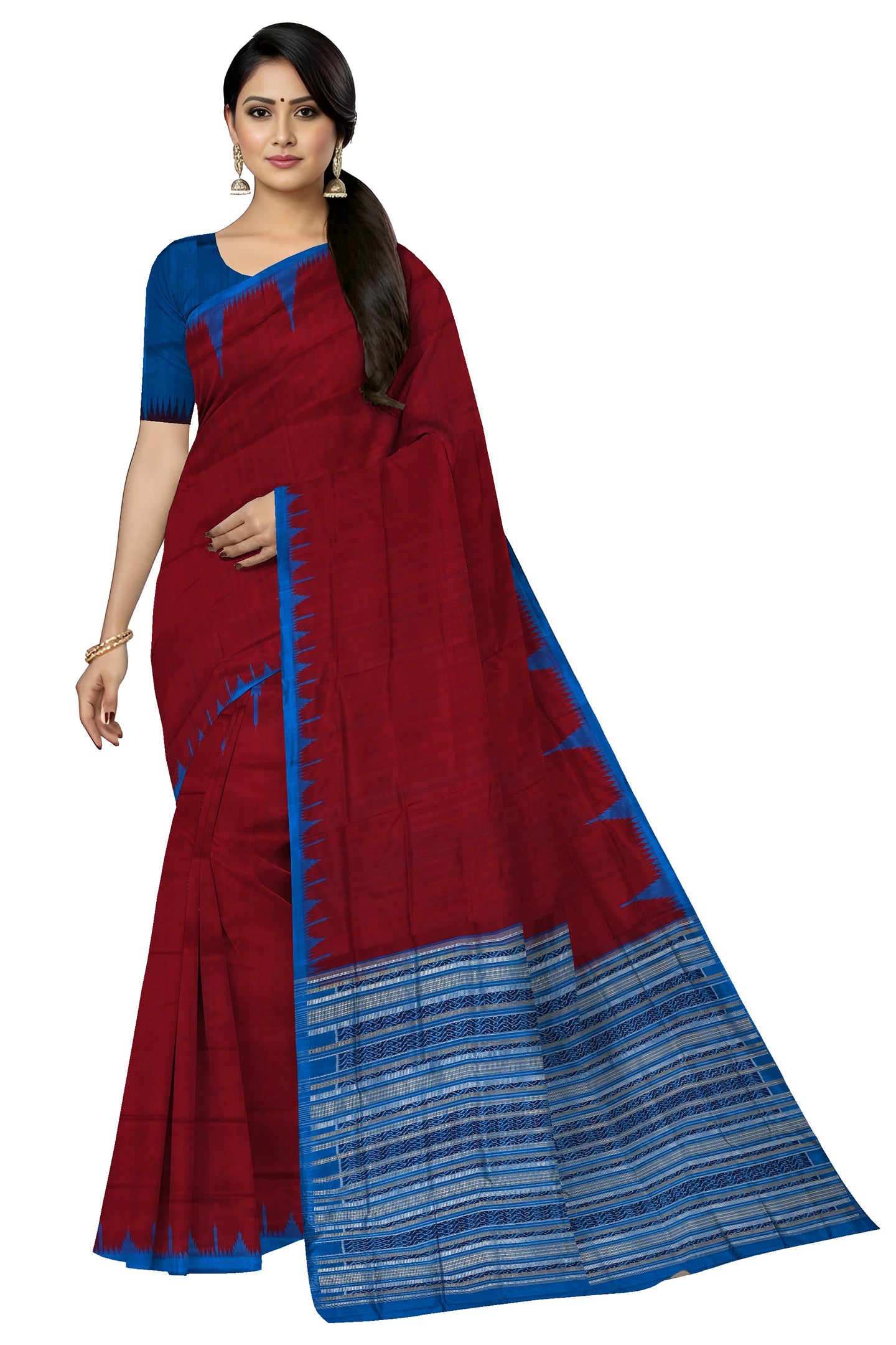 Deep Maroon Big Temple Border Sambalpuri  Saree | Odisha Handloom GI Tagged | Devnika