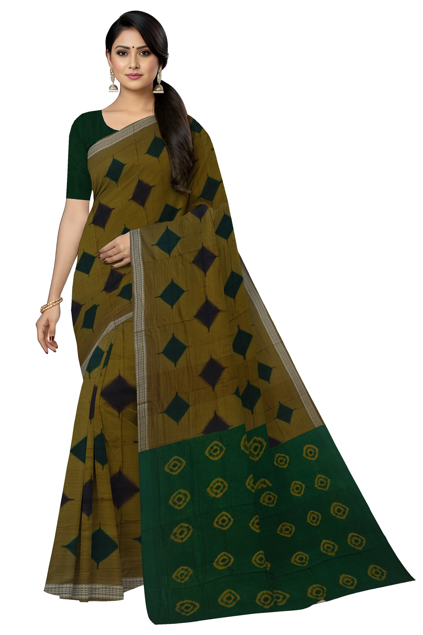 Deep Olive  Sambalapuri Bandhini Saree | Odisha Handloom GI Tagged | Devnika