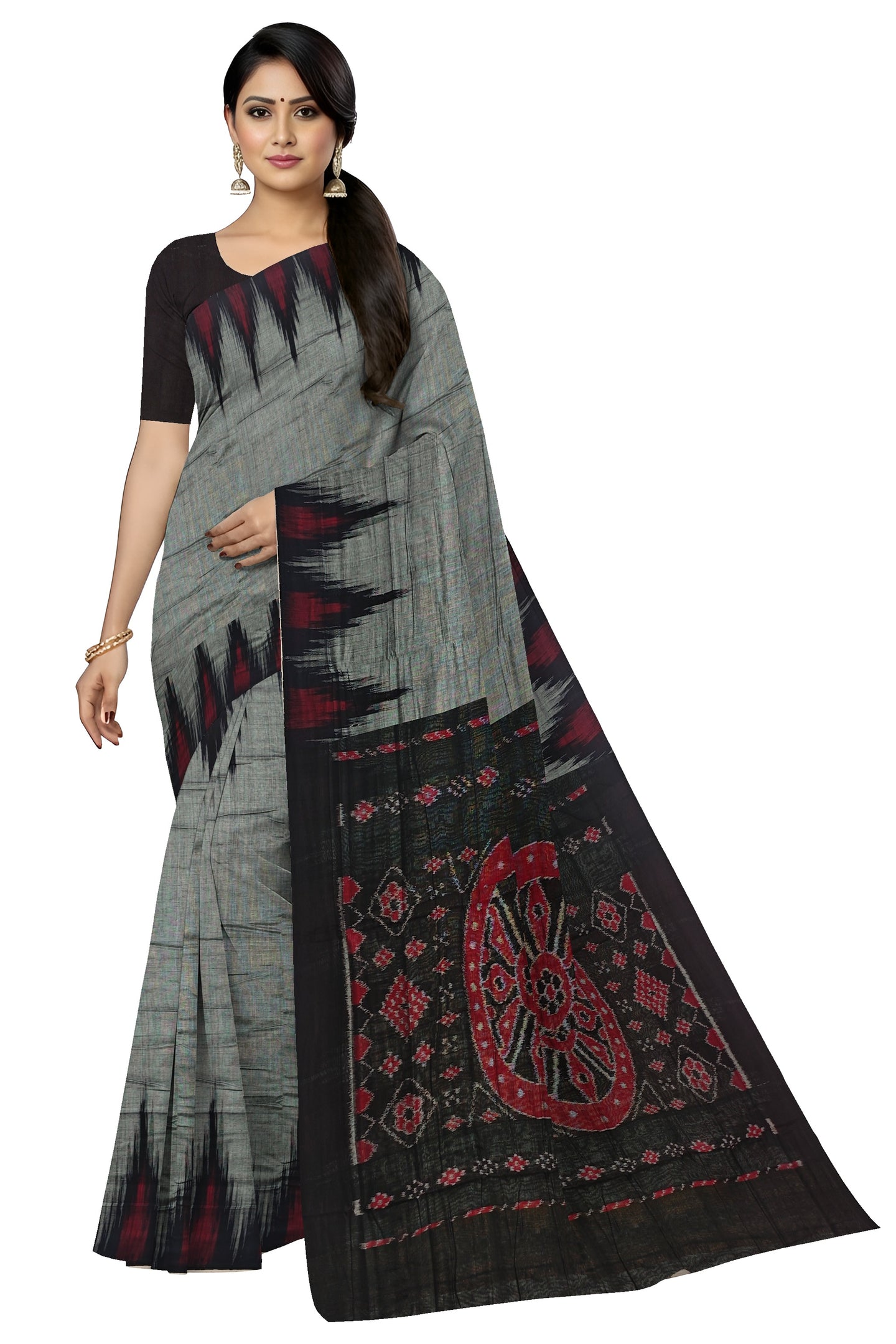 Grey Mania Bandha Traditional Temple Border Katiki Saree | Odisha Handloom GI Tagged | Devnika
