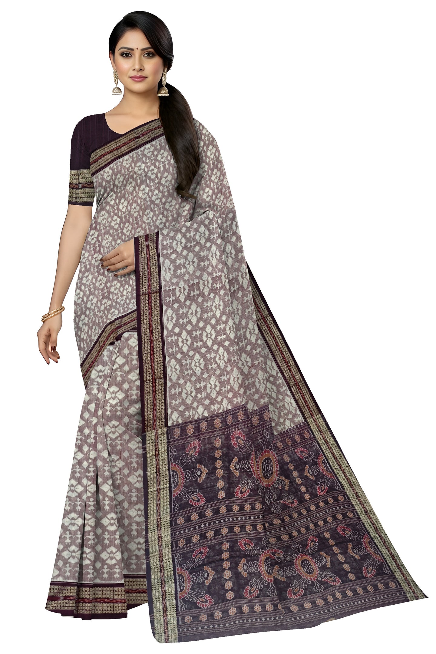White & Coffee Traditional Body Bandha Saree | Odisha Handloom GI Tagged | Devnika