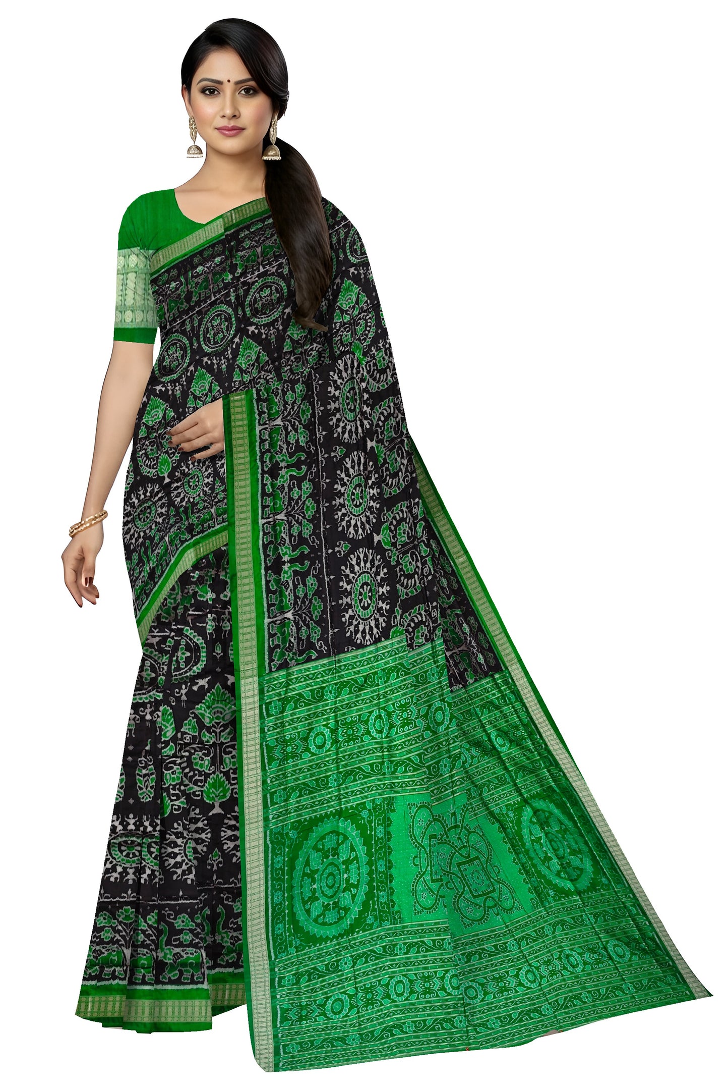 Black & Green Traditional Body Bandha Saree | Odisha Handloom GI Tagged | Devnika