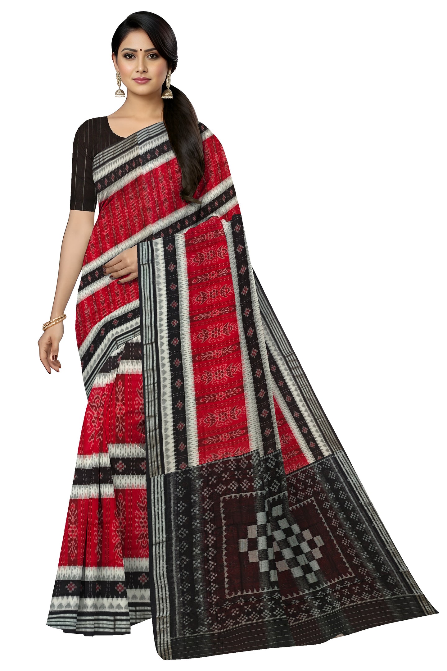 Red And White Mania Bandha Traditional Katiki Saree | Odisha Handloom GI Tagged | Devnika