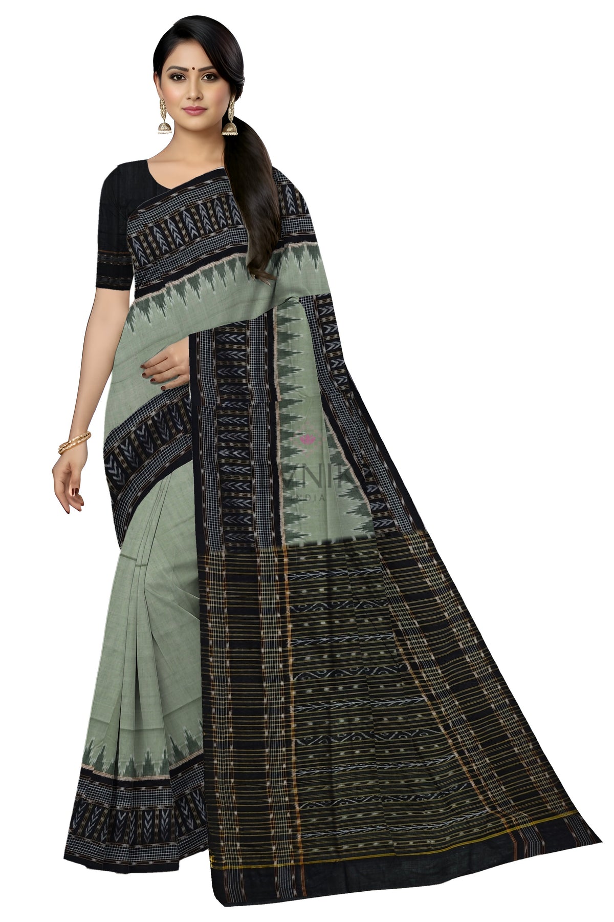 Pista Green Temple Border Bandha Saree | Odisha Handloom GI Tagged | Devnika