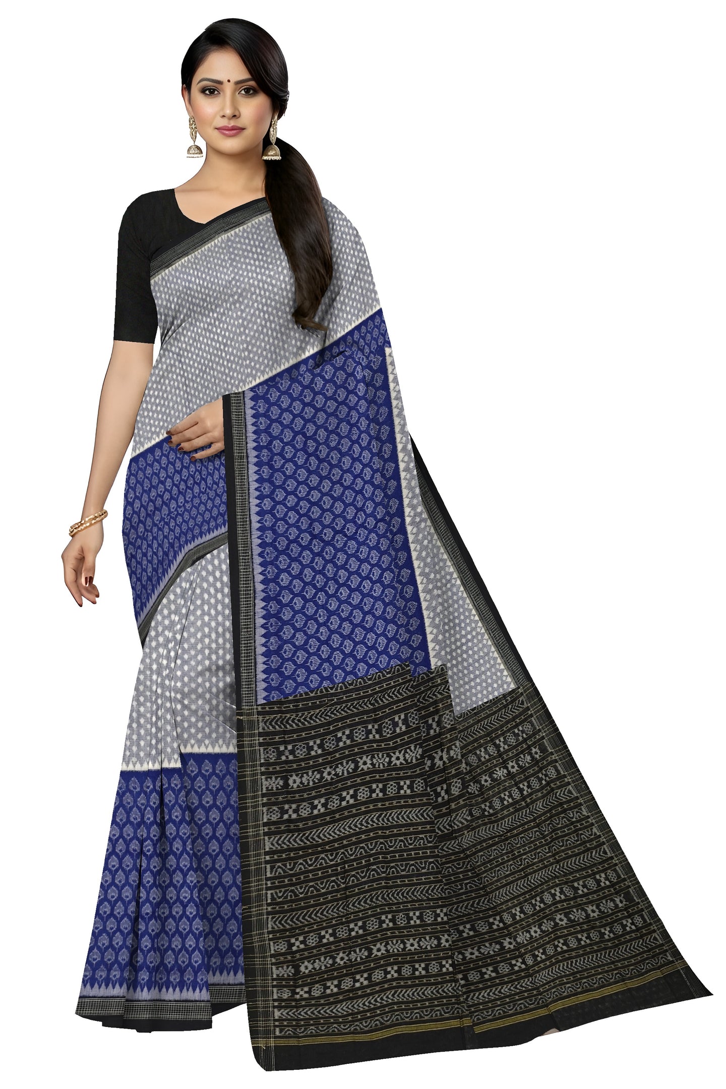White Blue Half Half Body Bandha Saree