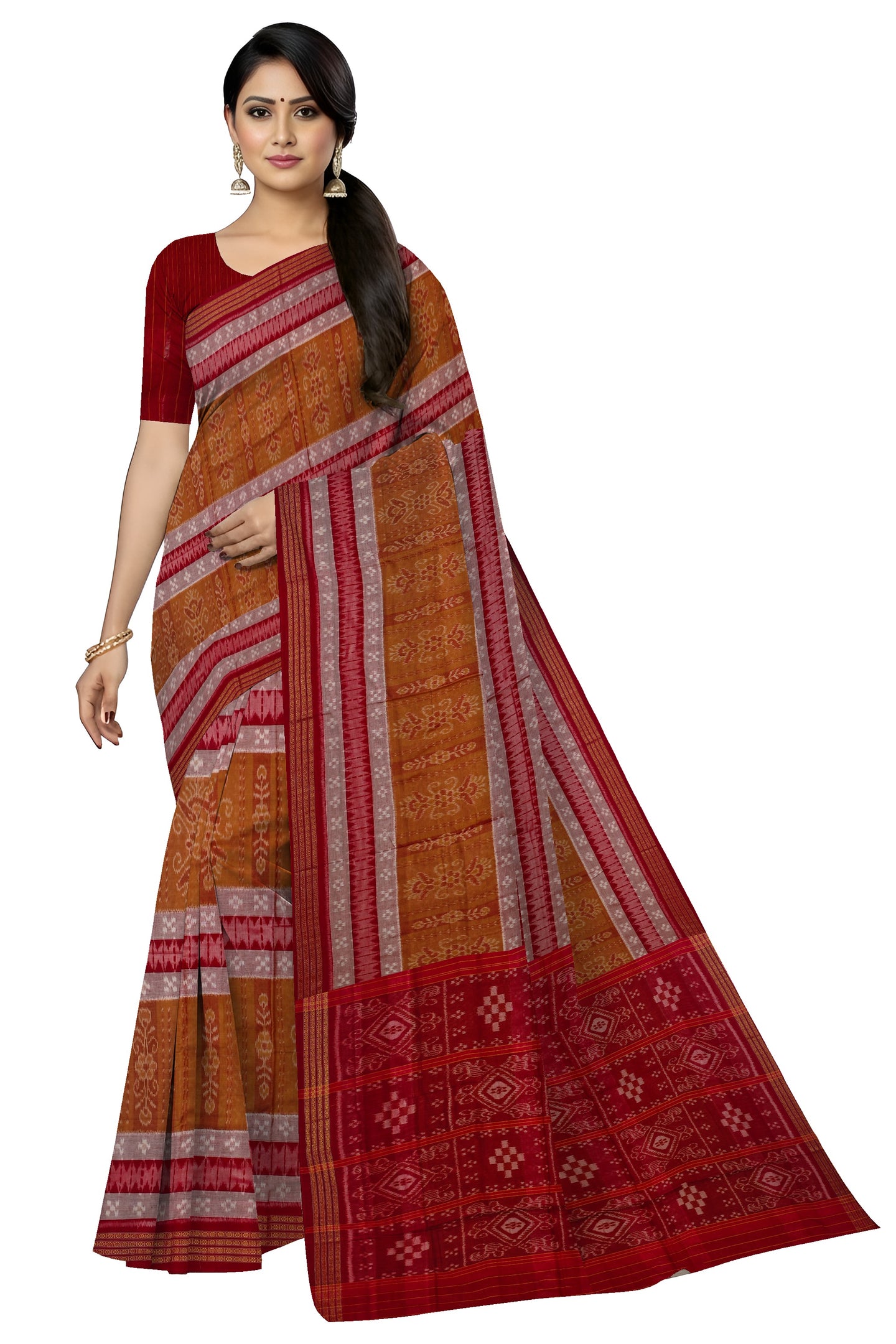 Brown White Mania Bandha Traditional Katiki Saree | Odisha Handloom GI Tagged | Devnika