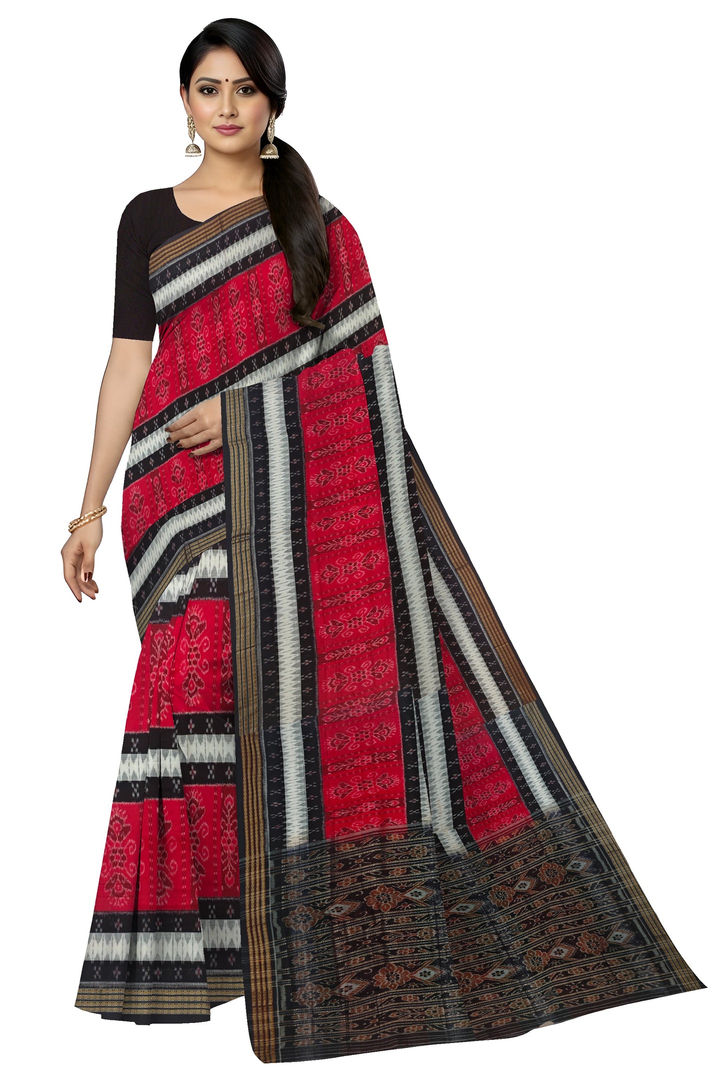 Red And White Mania Bandha Traditional Katiki Saree | Odisha Handloom GI Tagged | Devnika