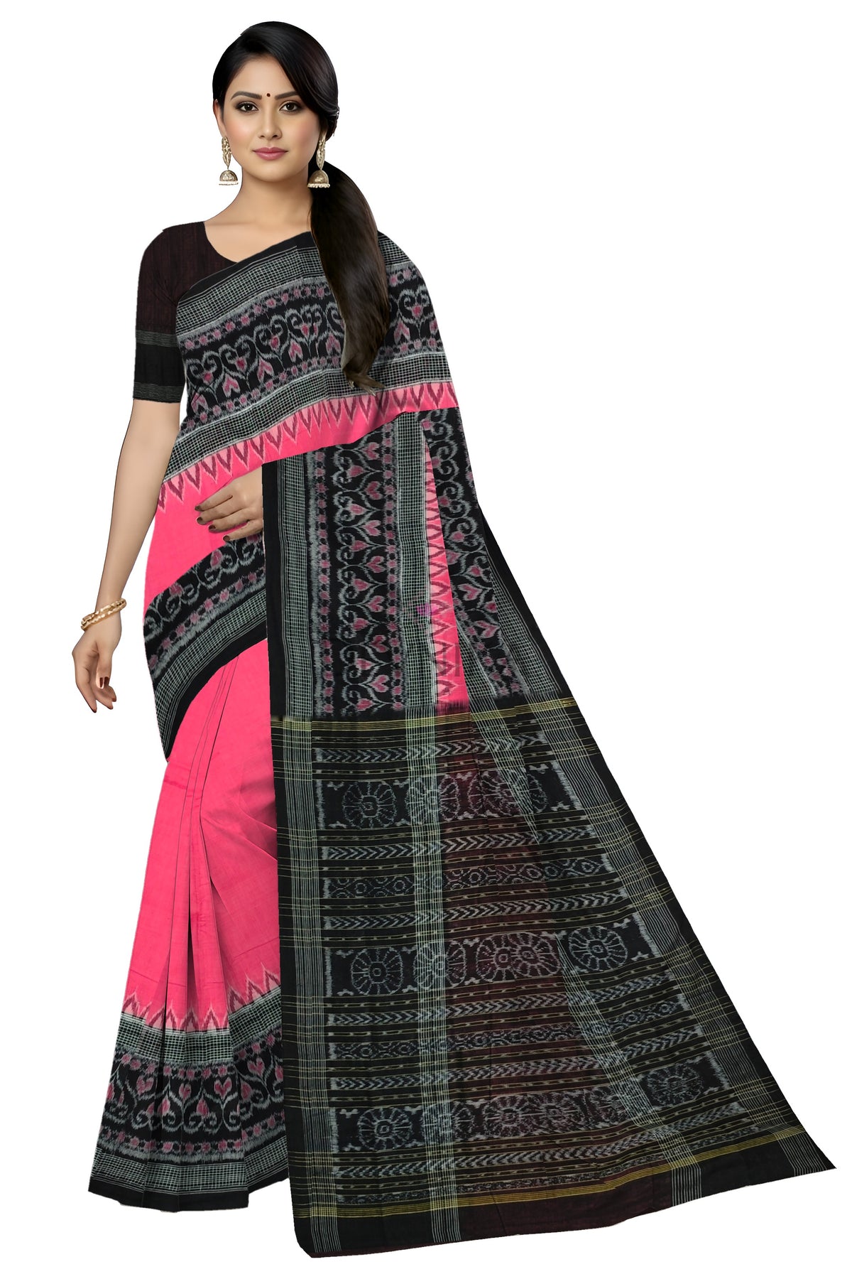 Pink Temple Border Bandha Saree | Odisha Handloom GI Tagged | Devnika