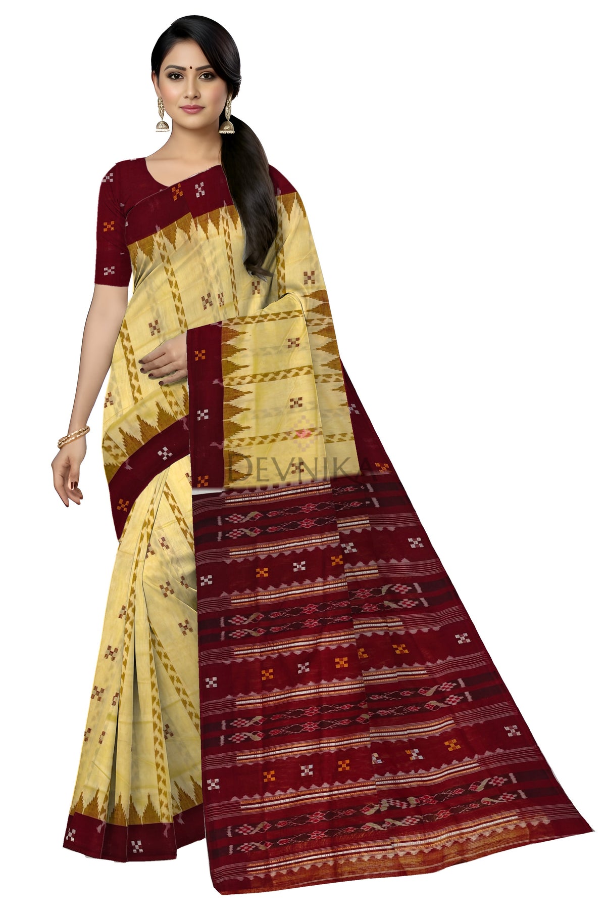 Cream Yellow Boarder Pasapalli Cotton Bapta Saree | Odisha Handloom GI Tagged | Devnika