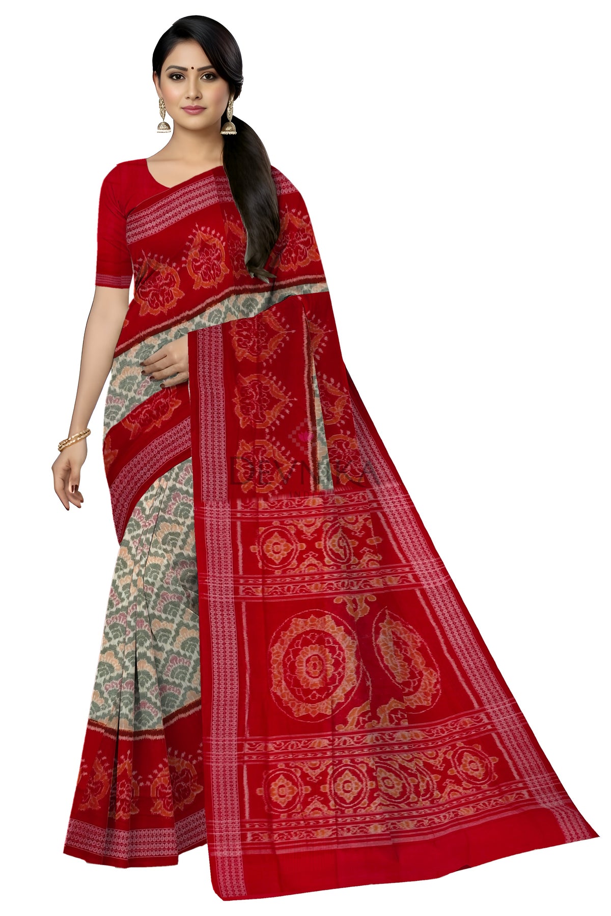 Steel & White Big Border Bandha Saree | Odisha Handloom GI Tagged | Devnika