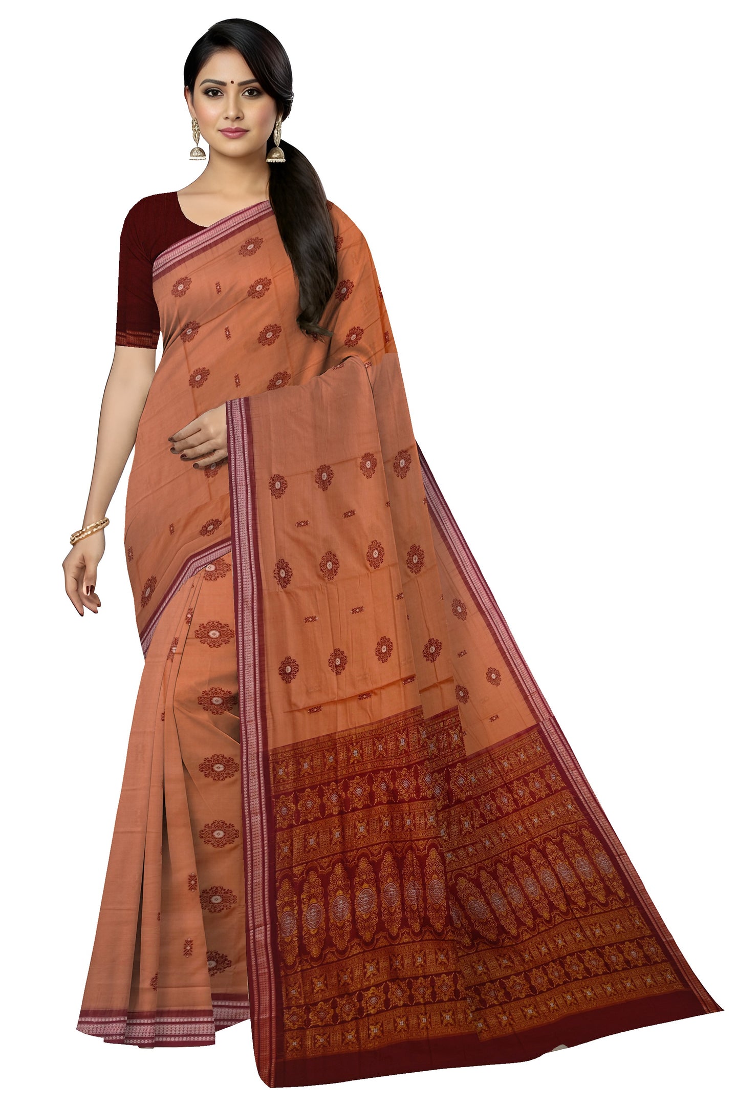Deep Coral Bomkai Sambalapuri Saree