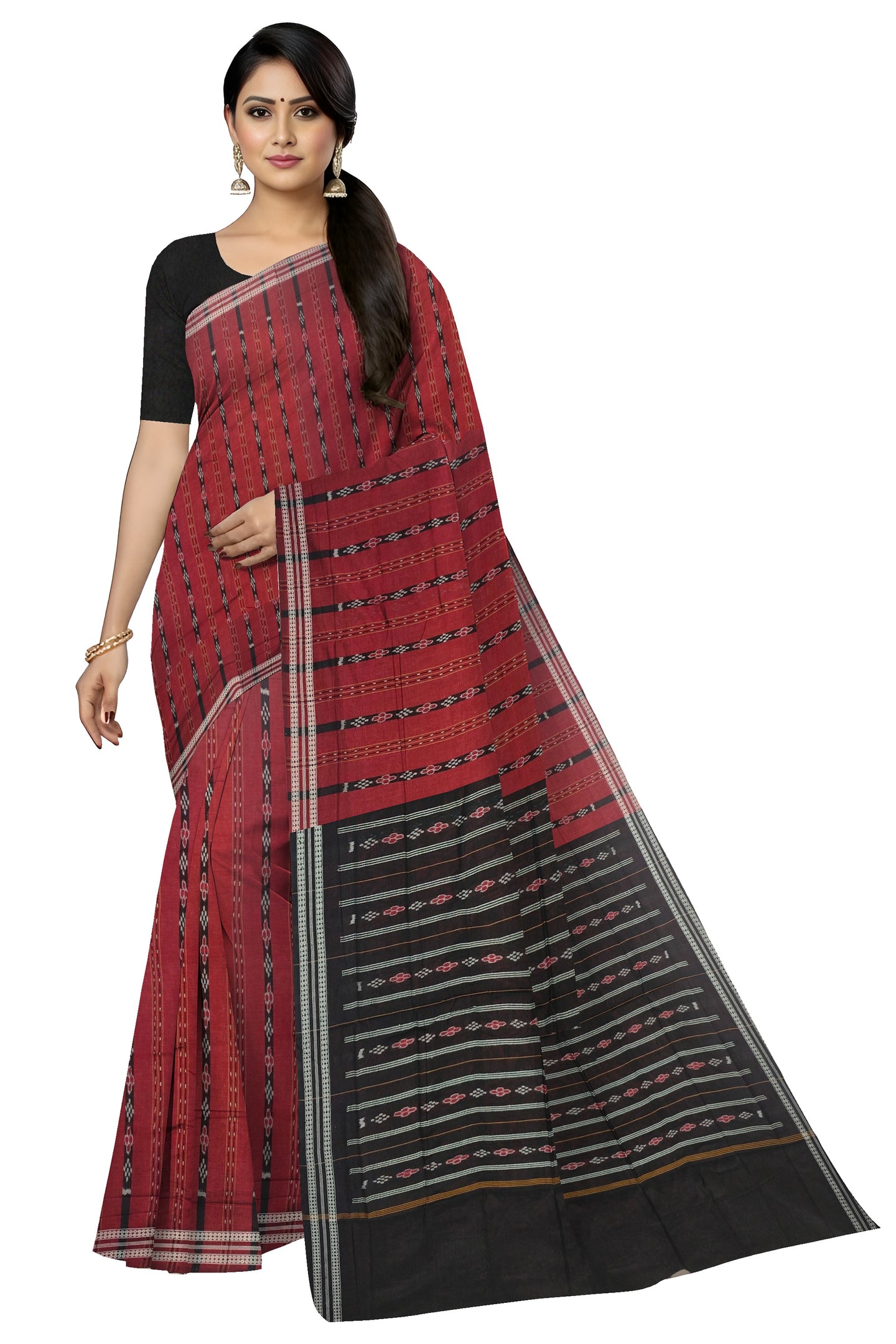 Deep Maroon Line Bandha Saree | Odisha Handloom GI Tagged | Devnika