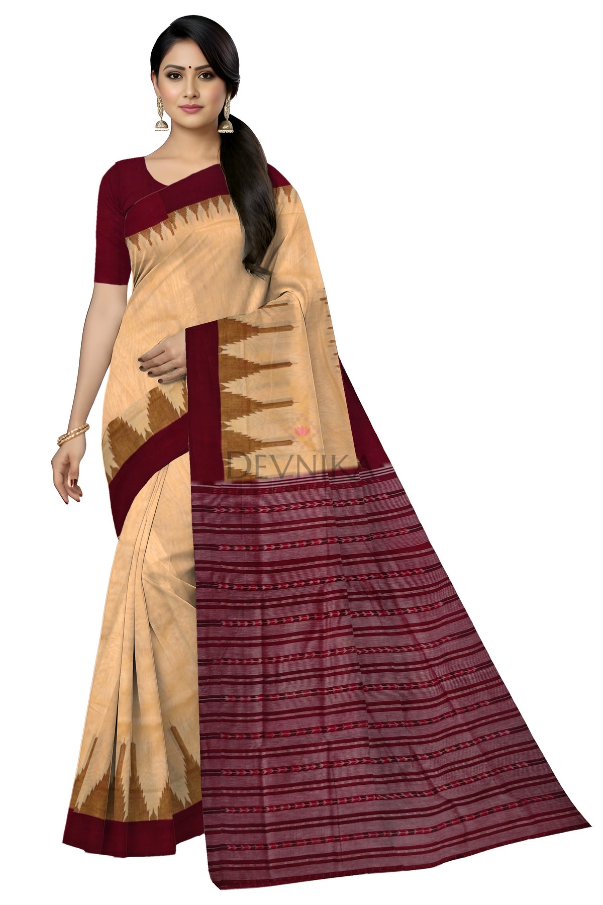 Peach Big Temple Boarder | Odisha Handloom GI Tagged | Devnika
