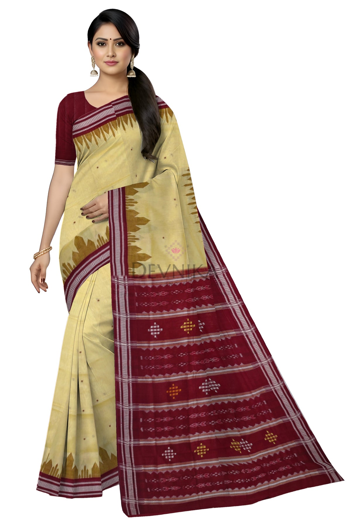 Cream Yellow Temple Boarder Cotton Bapta Saree | Odisha Handloom GI Tagged | Devnika