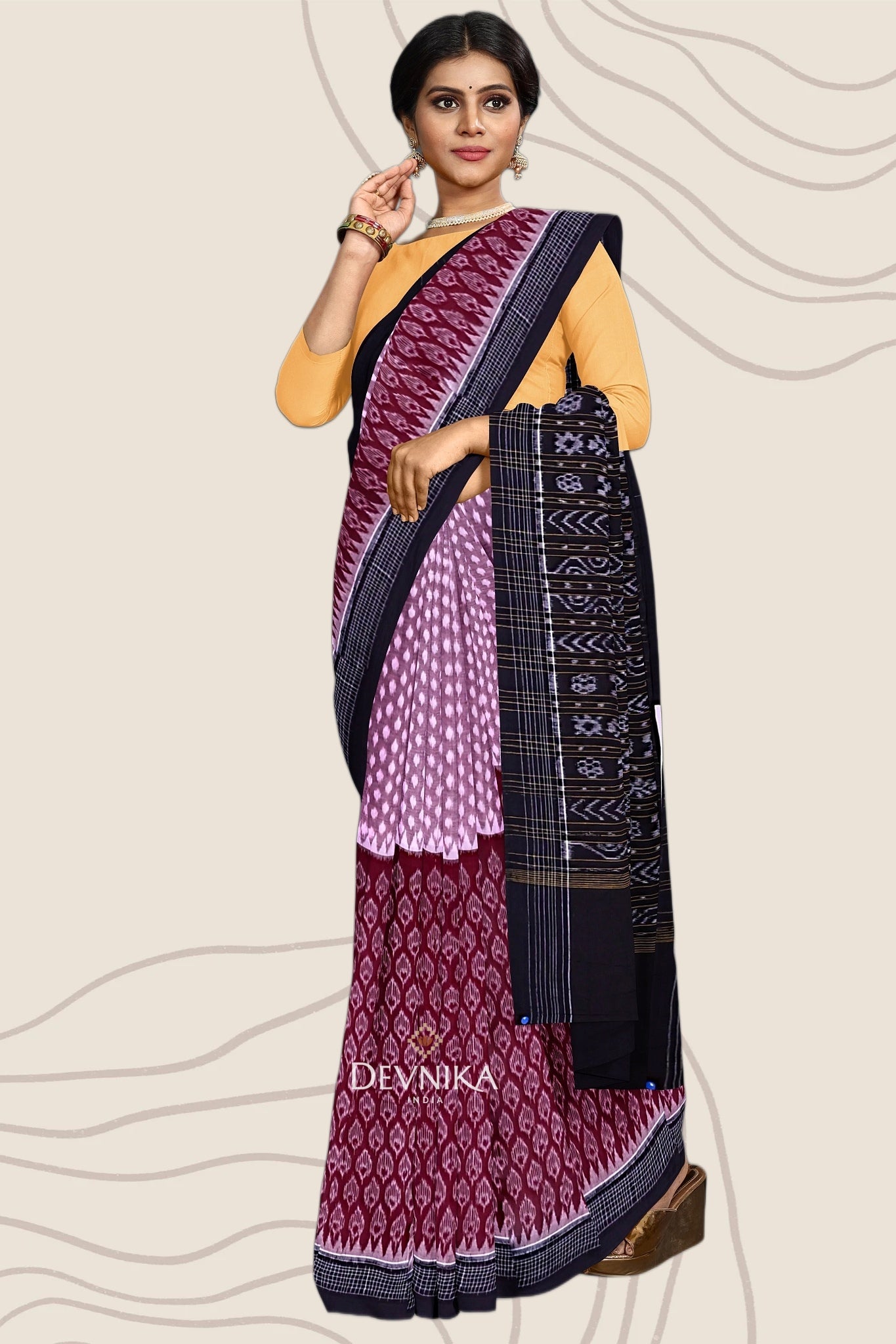 Maroon Light Plum Half Half Bandha Handloom Cotton Saree | Odisha Handloom | Devnika