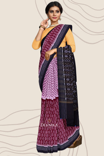 Maroon Light Plum Half Half Bandha Handloom Cotton Saree | Odisha Handloom | Devnika