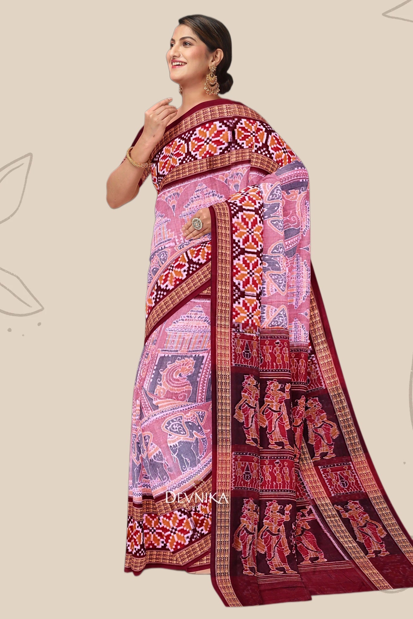 Light Red Konark Bandha Handloom Cotton Saree | Odisha Handloom | Devnika
