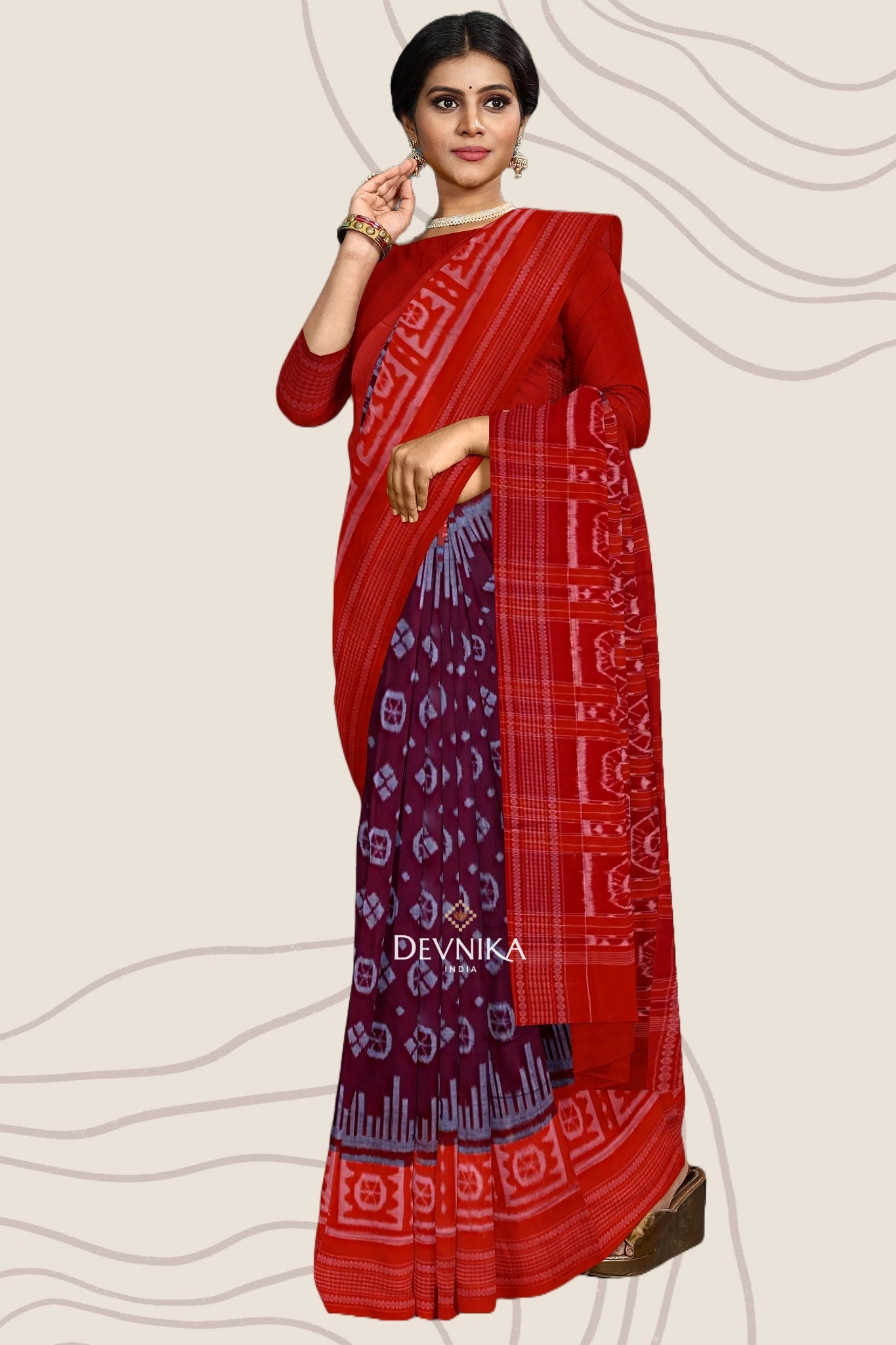 Dark Maroon Big Border Bandha Handloom Cotton Saree | Odisha Handloom | Devnika