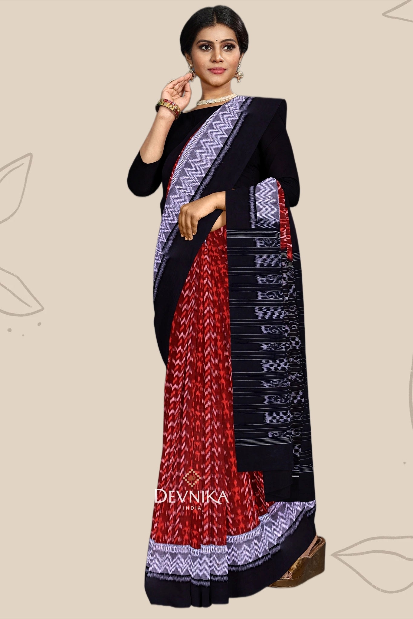 Brown Double Border Bandha Handloom Cotton Saree | Odisha Handloom | Devnika