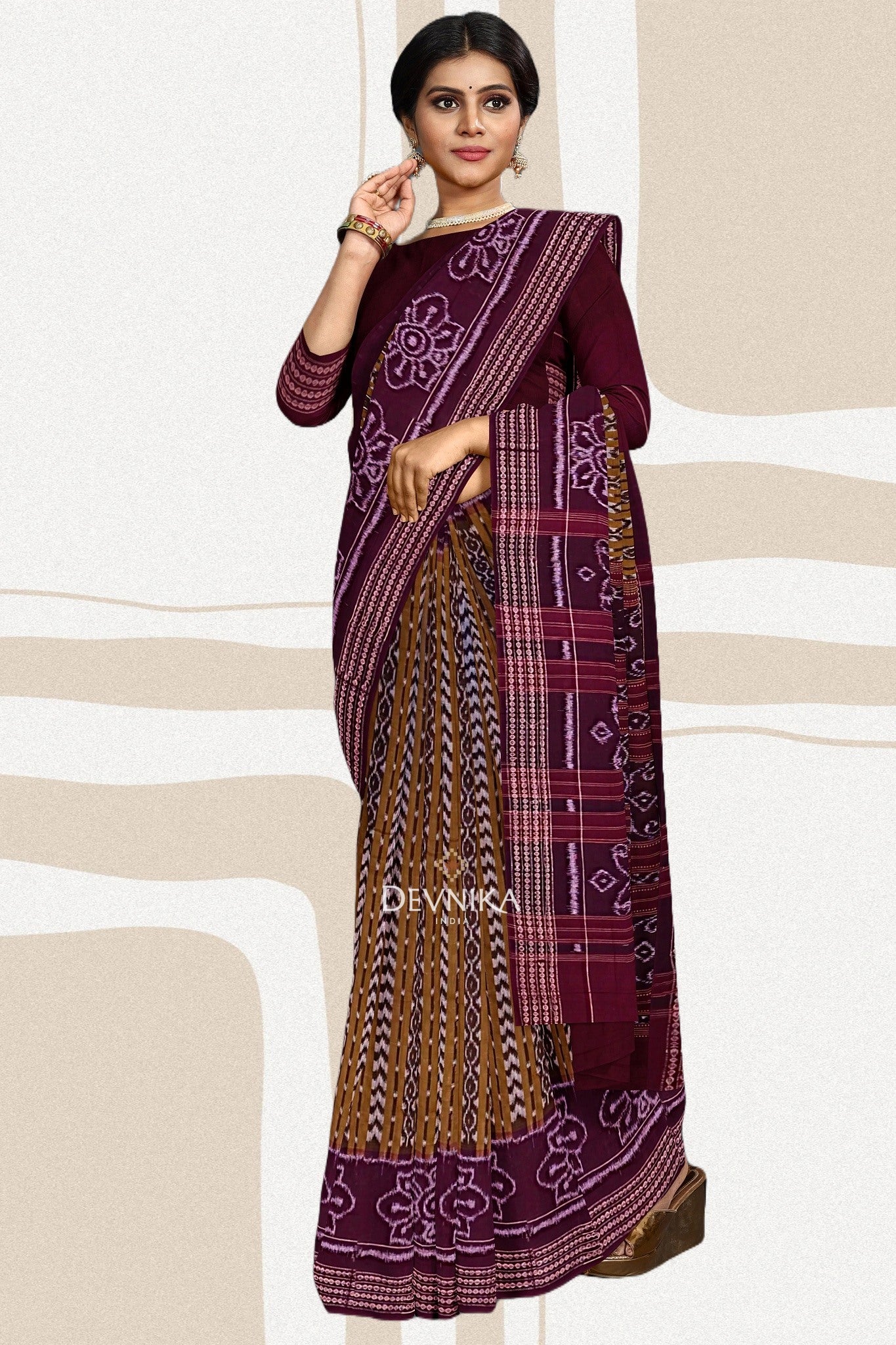 Olive And White Body Bandha Handloom Cotton Saree | Odisha Handloom | Devnika