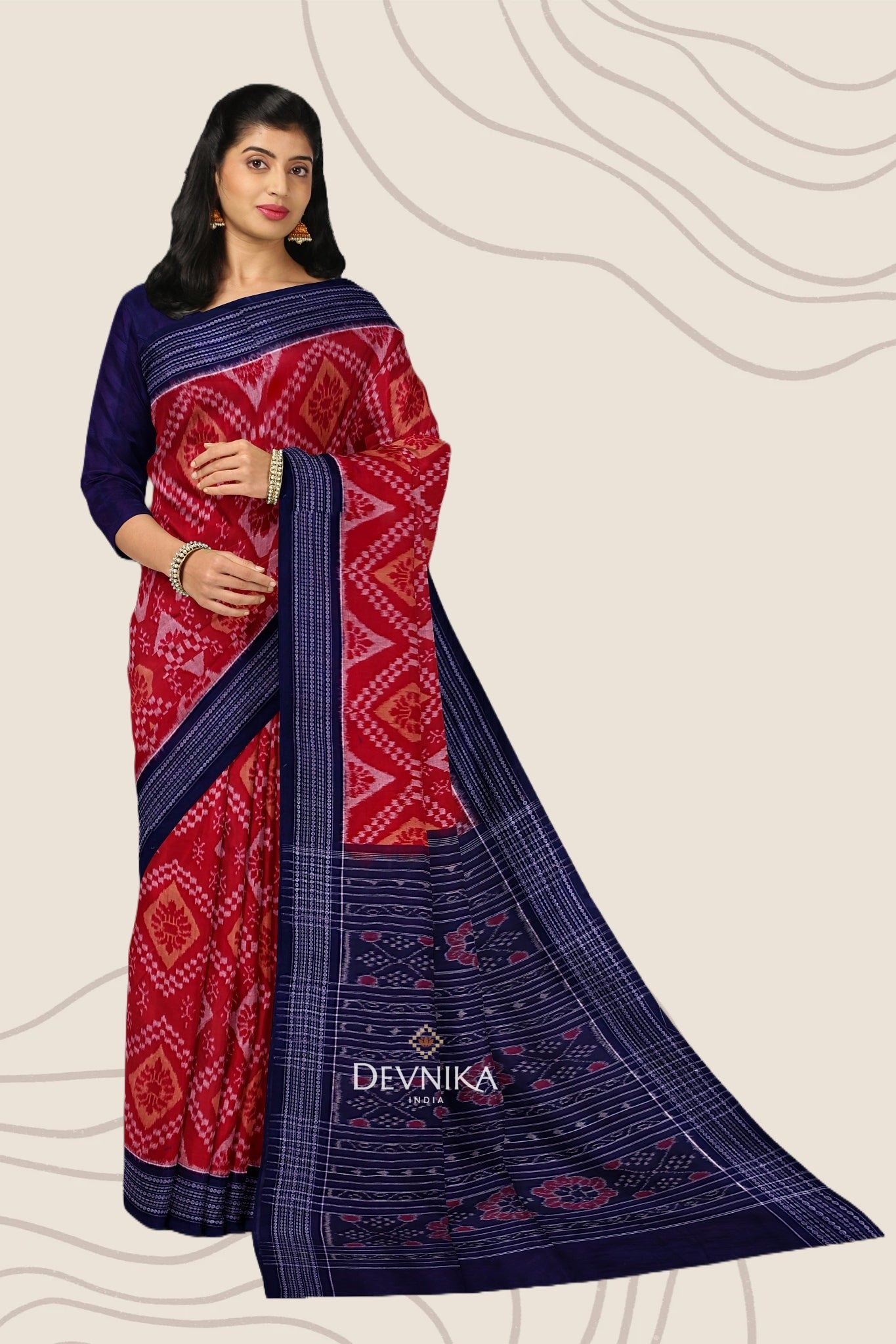 Red And Brown Paper Bandha Handloom Cotton Saree | Odisha Handloom | Devnika