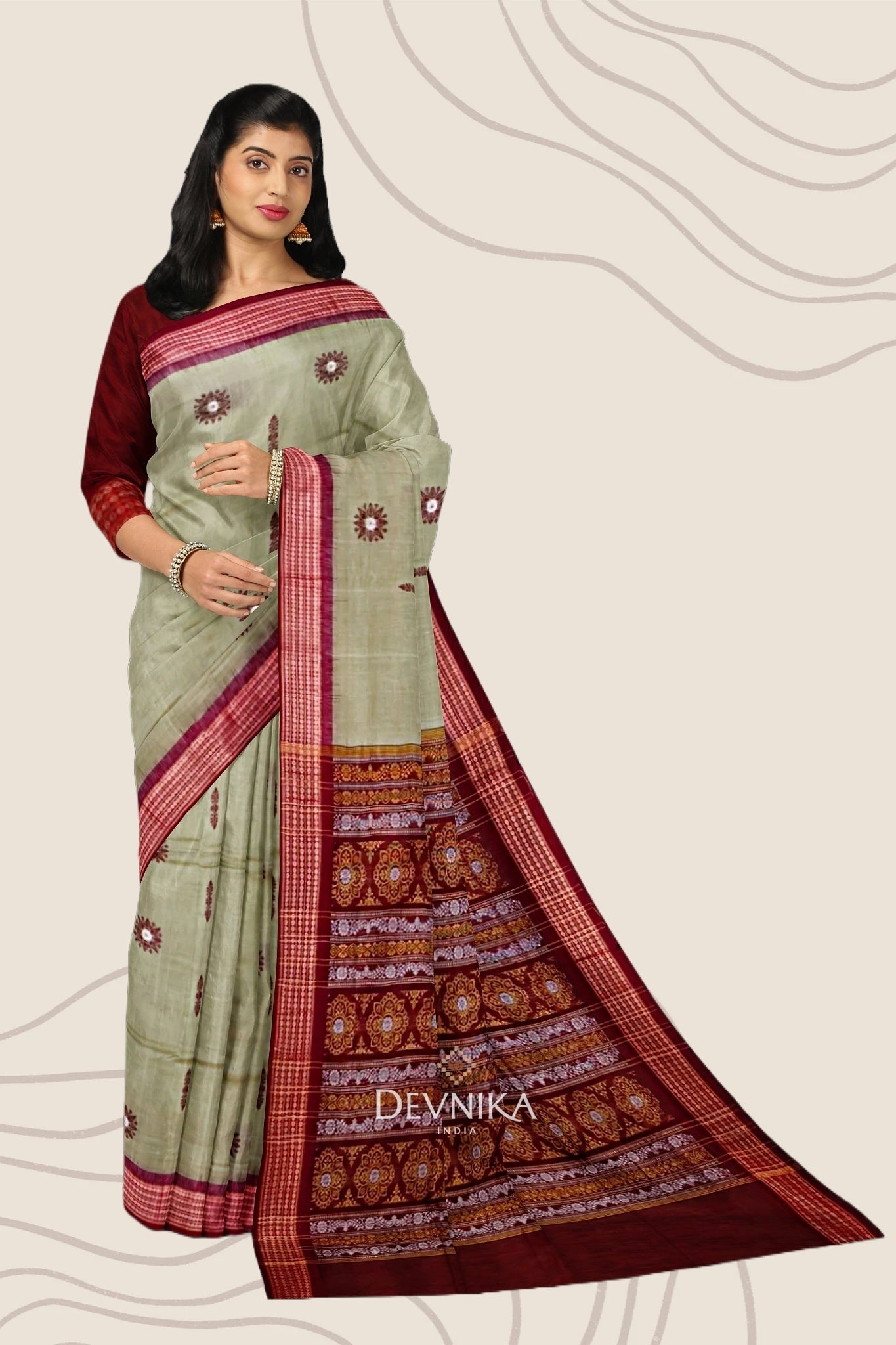 Grey Green Bomkai Handloom Cotton Saree | Odisha Handloom | Devnika