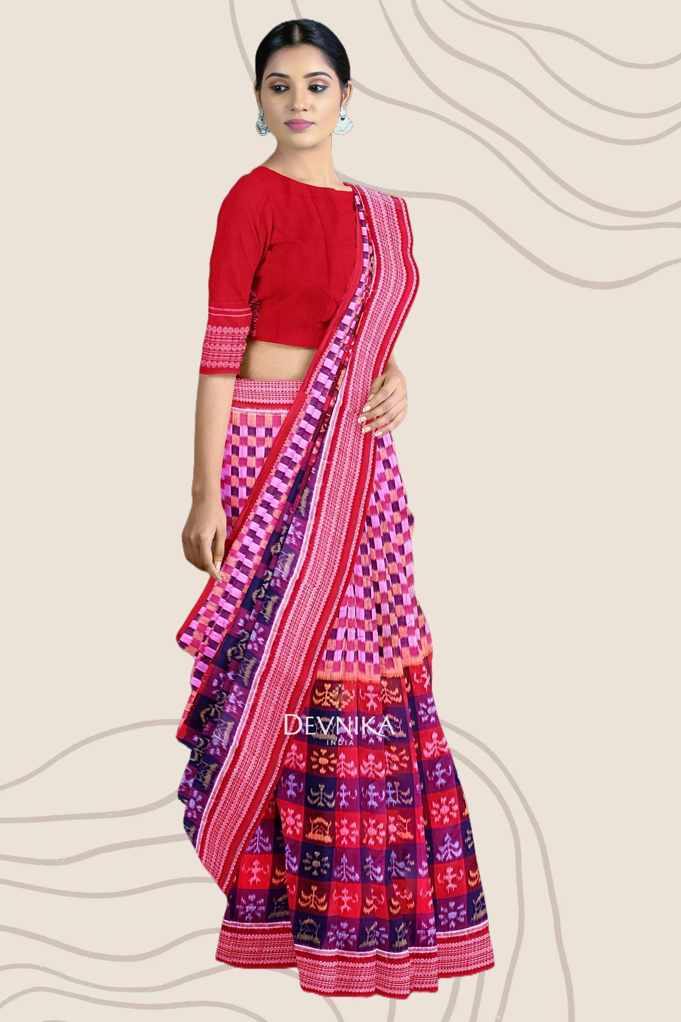 Blue Magenta Teracota Bandha Handloom Cotton Saree | Odisha Handloom | Devnika