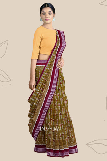 Light Olive Body Bandha Handloom Cotton Saree | Odisha Handloom | Devnika