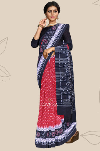 Red Double Border Bandha Handloom Cotton Saree | Odisha Handloom | Devnika