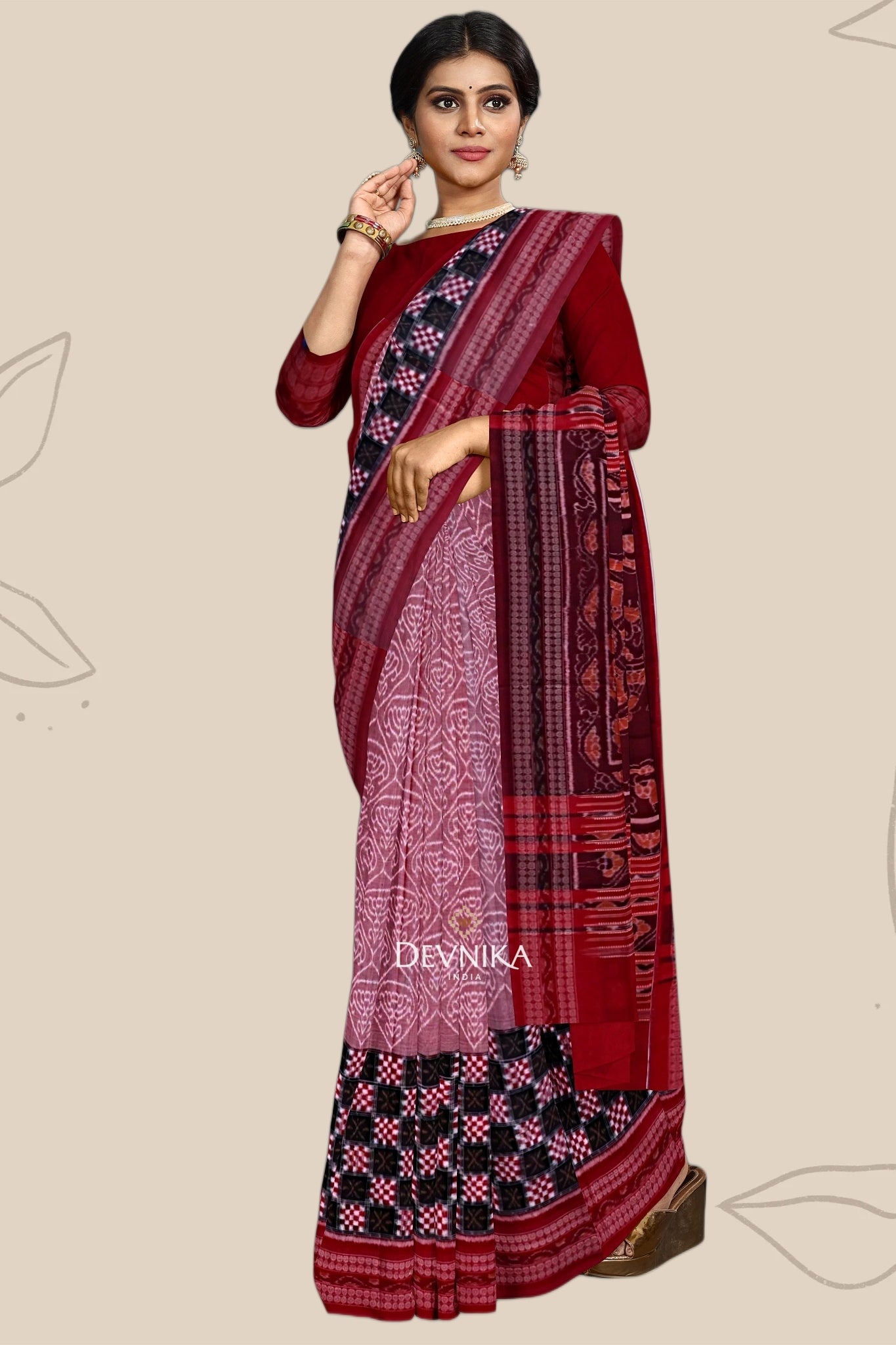 White And Dusty Rose Big Border Bandha Handloom Cotton Saree | Odisha Handloom | Devnika