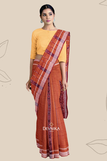 Brown And Maroon Bomkai Line Butti Saree