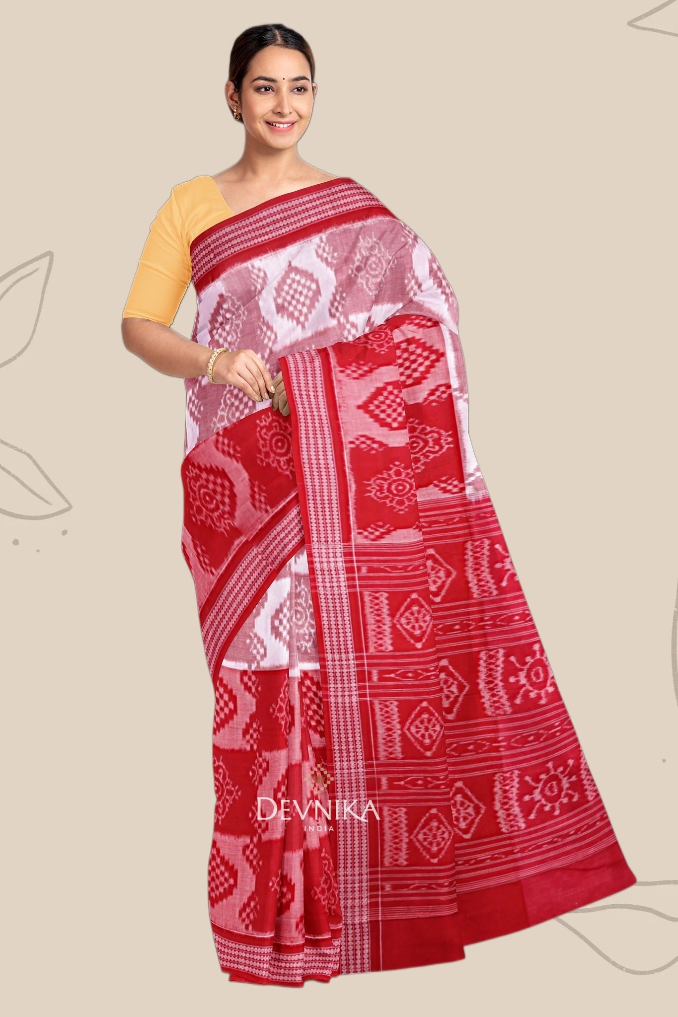 White Red Body Bandha Handloom Cotton Saree | Odisha Handloom | Devnika