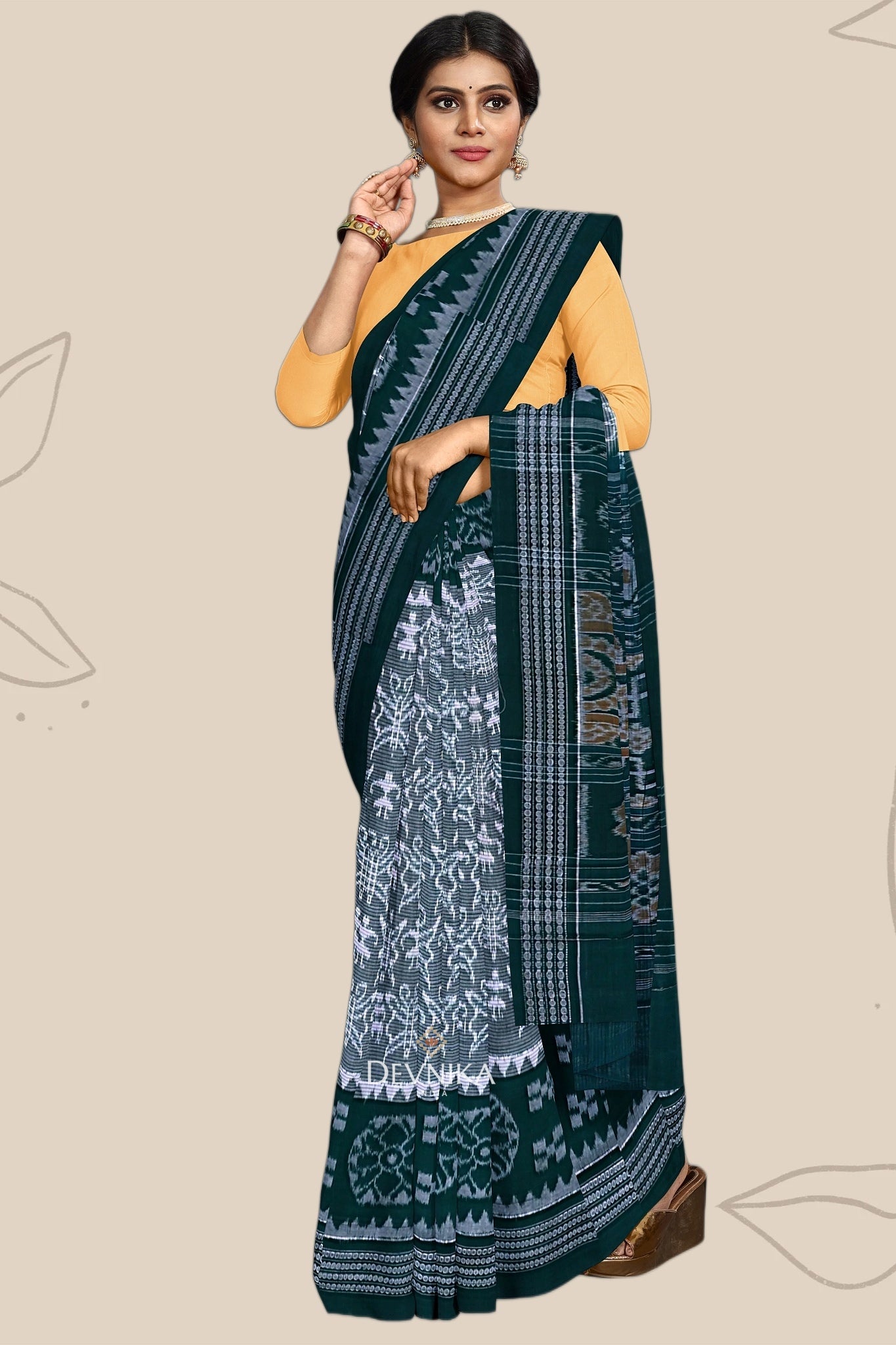 Light Sea Green Body Bandha Handloom Cotton Saree | Odisha Handloom | Devnika